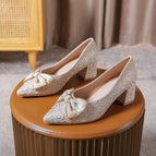 Thick heel pointed toe single shoes female 2022 new fairy girl bow 5CM high heels large size party shoes 368-3