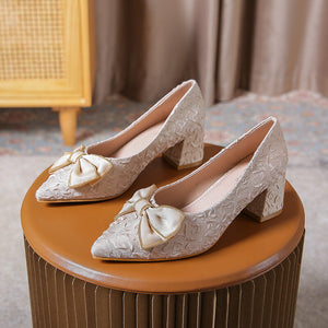 Thick heel pointed toe single shoes female 2022 new fairy girl bow 5CM high heels large size party shoes 368-3