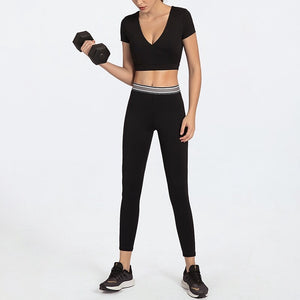 Women's Yoga sports suit short sleeve high waist quick drying fitness set y26s6908 + y26k6998