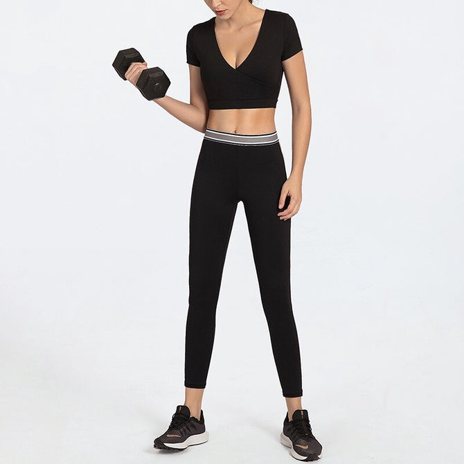 Women's Yoga sports suit short sleeve high waist quick drying fitness set y26s6908 + y26k6998