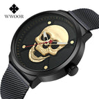 WWOOR Fashion Skull Men's Mesh Quartz Watch Black Solid Steel Creative Casual Watch 8867