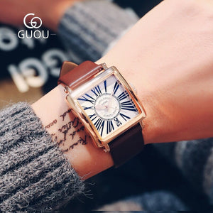 Guou 8093 Hong Kong Watch personality square Blu ray men's quartz watch Roman scale belt watch man's Watch Gift