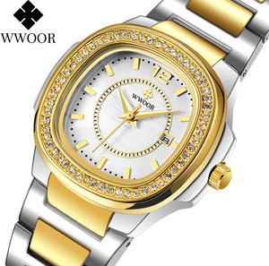 WWOOR new women's watch fashion diamond steel strap lady watch quartz waterproof business and causal watch 8874