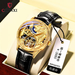 CHENXI new leather butterfly buckle automatic mechanical watch men's waterproof luminous golden tiger flywheel watch CX-6029B