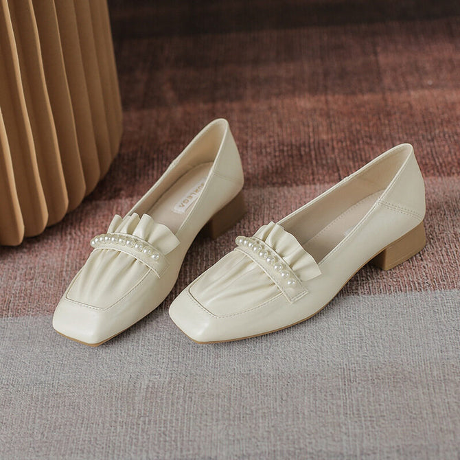 2022 shallow mouth shoes medium thick heel pleated female pearl soft all-match square toe thick heel shoes for women 1366-11