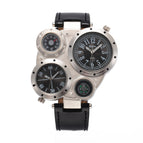 Oulm watch for men Double Time Zone Men's leather Watch Large Dial Compass Quartz watch HP9415