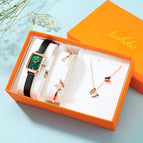 Women square quartz watch peacock stone retro leather mesh lady watch small green watch set 010t