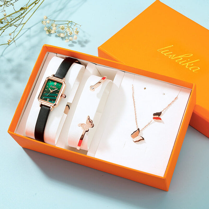 Women square quartz watch peacock stone retro leather mesh lady watch small green watch set 010t