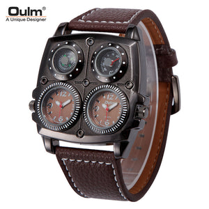 Oulm Large Dial Fashion Casual Men's Watch Large Dial Dual Time Zone Compass Men's Quartz Watch HP1140