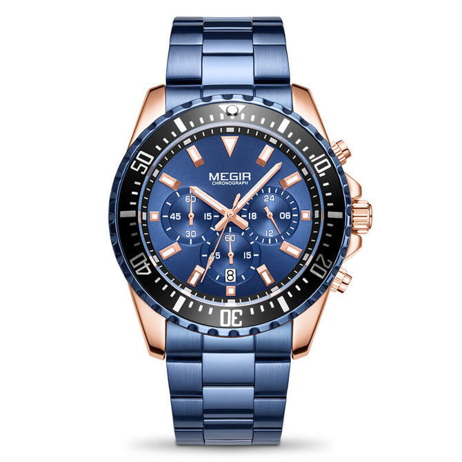 Megir Men's Watch Large Dial Chronograph Calendar Steel Belt Business Quartz Watch 2064