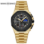 Makambako men's watch Sun Moon Star Multi-Function Waterproof Watch Men's Stainless Steel Octagonal Shell Calendar Watch