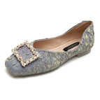 2022 Summer New Temperament Square Buckle Snowflake Rhinestone Pressed Satin Shallow Mouth Square Toe Metal Single Shoe Flat Shoes 555-12