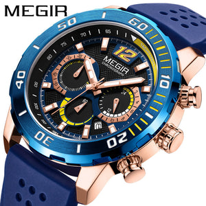 Megir Watch Men's Fashion Large Dial Chronograph Calendar Silicone Waterproof Sports Quartz Watch 2109