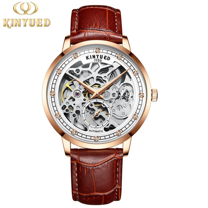 KINYUED couple diamond thin mechanical watch hollow leather fashion business watch J076