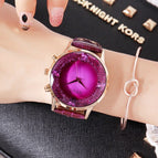 GUOU 8107 Stylish Ladies Large Dial Diamond Watch Black Purple Leather Strap Wrist Watch Women's Watches