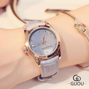Guou Fashion Women's Watches Diamond Japanese Quartz Wristwatch Luminous Calendar Leather Strap Ladies Clocks