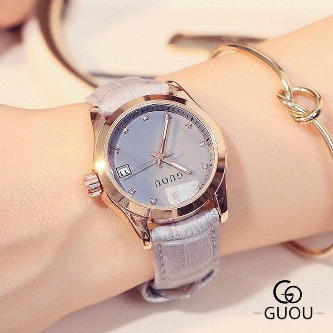 Guou Fashion Women's Watches Diamond Japanese Quartz Wristwatch Luminous Calendar Leather Strap Ladies Clocks