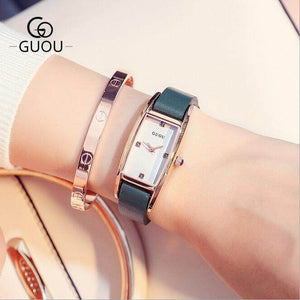 GUOU 8085 Watches Luxury Crystal women's watch Fashion Genuine Leather Ladies Watch Lady Hour Rectangle Clock