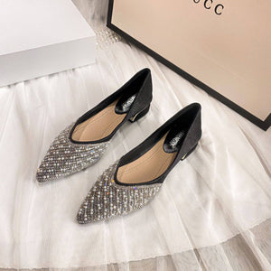 High heels all-match summer 2022 new women's shoes French sequins rhinestone pointed toe thick heel shoes large size women's shoes 43 M9