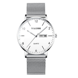Belushi  541 2019 Men Watch Ultra Slim Steel Mesh Quartz Wristwatch Dual Calendar Simple Black Clock Male Watch