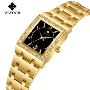 WWOOR Women's watch Waterproof Square SteelQuartz Watch Diamond Leisure Fashion Women's Watch 8858L