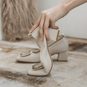 Square toe shoes women's 2022 new metal shoes casual soft shallow mouth women's thick heel Korean version 616-2