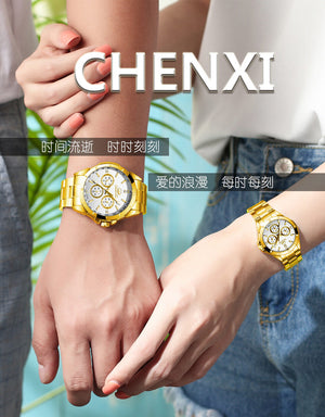 CHENXI Gold Couple Watch 019a Hot Selling Product Three Eyes Men and women Business quartz Watch XZ-019A full gold