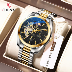 CHENXI Men's Mechanical Watch Waterproof Sun Moon Star Automatic Skeleton Watch Men's Mechanical Watch CX-8801