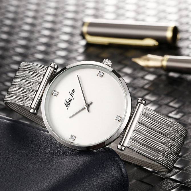 MISSFOX watch Swiss fashion simple temperament diamond luminous stainless steel ladies watch 2559
