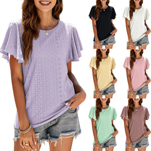 Women's 2022 summer new T-shirt hollow waist Ruffle sleeve casual top