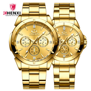 CHENXI Gold Couple Watch 019a Hot Selling Product Three Eyes Men and women Business quartz Watch XZ-019A full gold