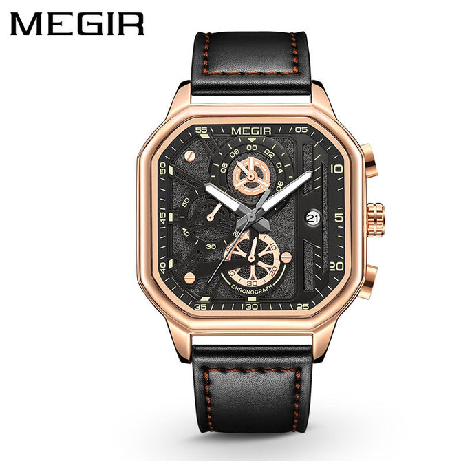 The new Megir square watch trend multi-function timing quartz watch men's leather men's watch 8106