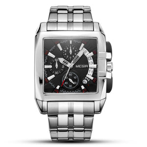 MEGIR steel strap men's watch sports outdoor fashion men's Square waterproof quartz men's causal Watch 2018