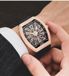 PINTIME Watch Men's casual Frankenstein Wine Barrel Watch Large Dial Watch leather Diamond Retro Watch