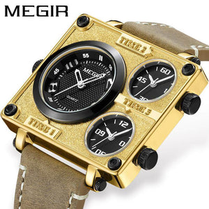 Megir Men's Watch Retro Fashion Square Multi Time Zone Watch Sports Watch 2069
