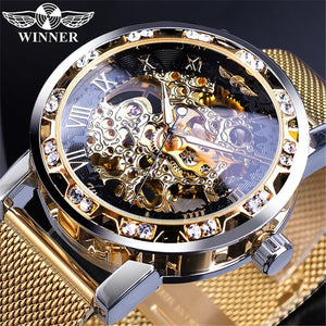 Winner Watch Men's Fashion Casual Classic Popular Rhinestone Hollow Mesh Belt Manual Mechanical men Watch SLZg91
