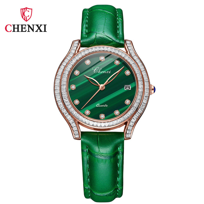CHENXI new fashion inlaid drilled amethyst ladies watch leather waterproof small green watch quartz watch CX-320