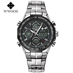 WWOOR 8019  Steel Digital Men's Quartz LED Dual Display Military GOLD Clock Men's  Alarm Waterproof Sports Watches