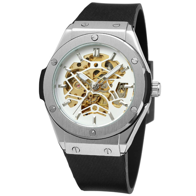 Forsining European American Style Men's Fashion Casual Silver Hollow Skeleton Automatic Mechanical men Watch SLZe11