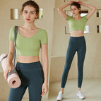 Yoga suits women with chest pads running fitness short-sleeved sports thin elastic tight-fitting spring and summer new suits 215+806