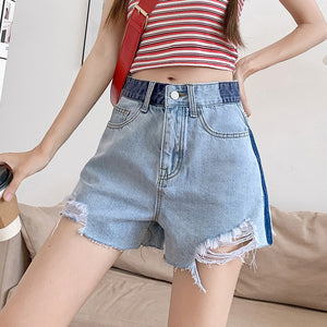 JEANS design sense jeans women's 2022 new contrast color a-line loose high-waisted slim shorts 383