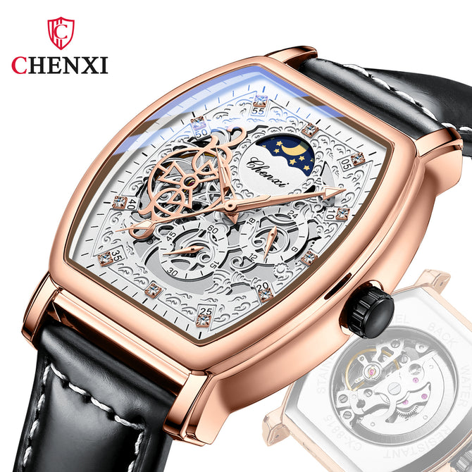 CHENXI new sun moon stars barrel-shaped automatic mechanical watch, luminous hollow mechanical watch CX-8855