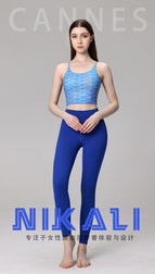 New yoga suit Sapphire Blue Pants Corrugated Printed Top with Chest Pad Women's Fitness Running Exercise Yoga sports Clothing Two-Piece Set