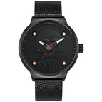 WWOOR Fashion Skull Men's Mesh Quartz Watch Black Solid Steel Creative Casual Watch 8867