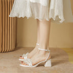 Sandals women's summer 2022 new thick heel sandals women's pleated lace pearl one word buckle high-heeled sandals lady ZR1138-2