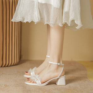 Sandals women's summer 2022 new thick heel sandals women's pleated lace pearl one word buckle high-heeled sandals lady ZR1138-2