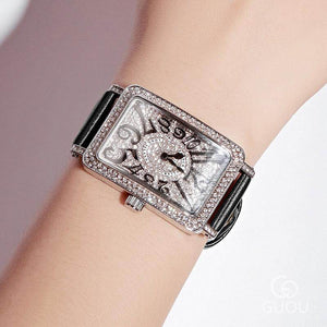 Guou 8201 Crystal Bling Woman Women watches Fashion Leather Rectangle Watches Female Wristwatch