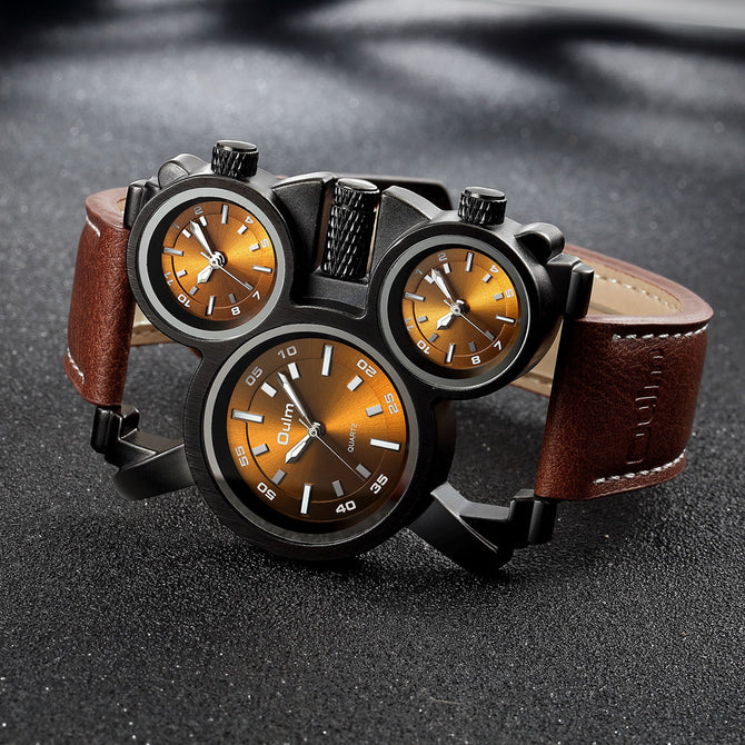 Oulm watch for men new multi time zone leather men's watch luminous trend casual quartz watch HP1167