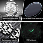 OLEVS Men's Skeleton Automatic Mechanical Watch Date Display Stainless Steel Business Wristwatch for Men Clock reloj hombre