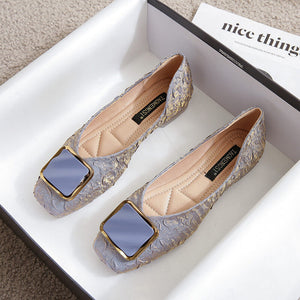Shoes women 2022 new spring and autumn silk soft leather square head single shoes women's shallow mouth pregnant women's flat bottom size scoop shoes 555-14